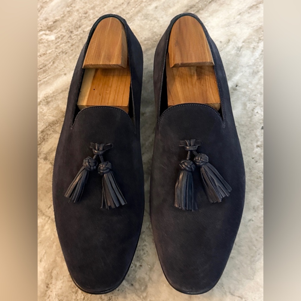 BURBERRY PRORSUM NAVY BLUE SUEDE TASSEL LOAFERS SLIPPERS 44 / 11 US $1000 - Picture 1 of 12